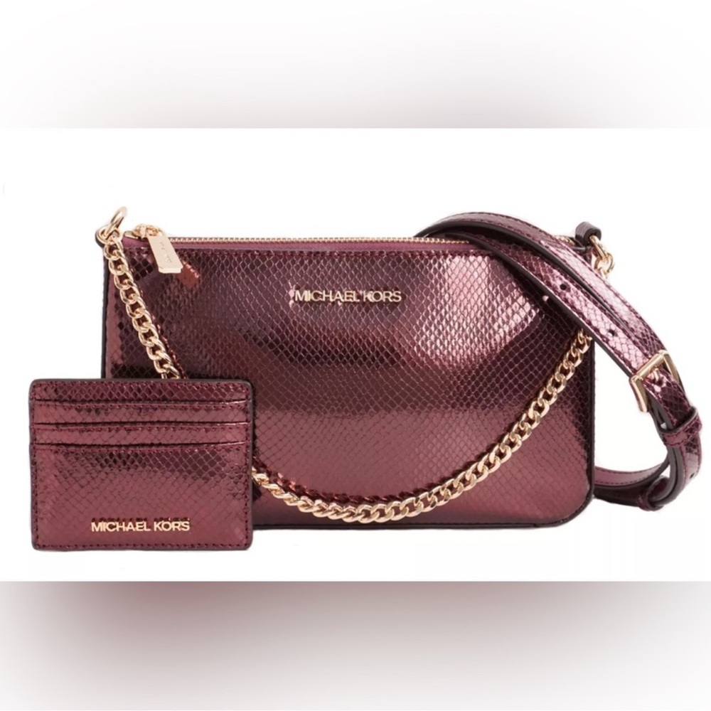 $548 NEW Michael Kors metallic ox blood rouge sombre burgundy set Crossbody Bag